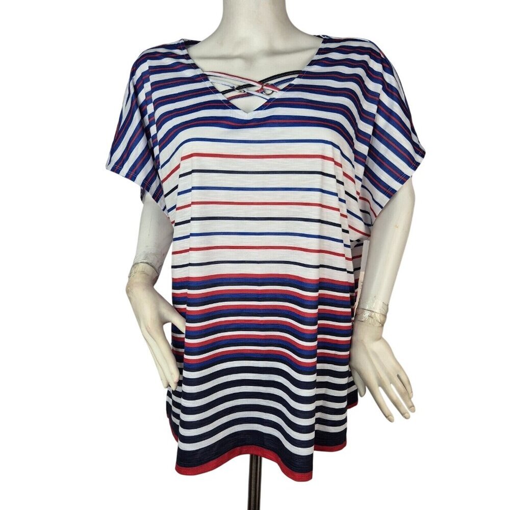 Allison Daley Women's Top Blouse Size 2X Stripe White Blue Red Short Sleeve (03)